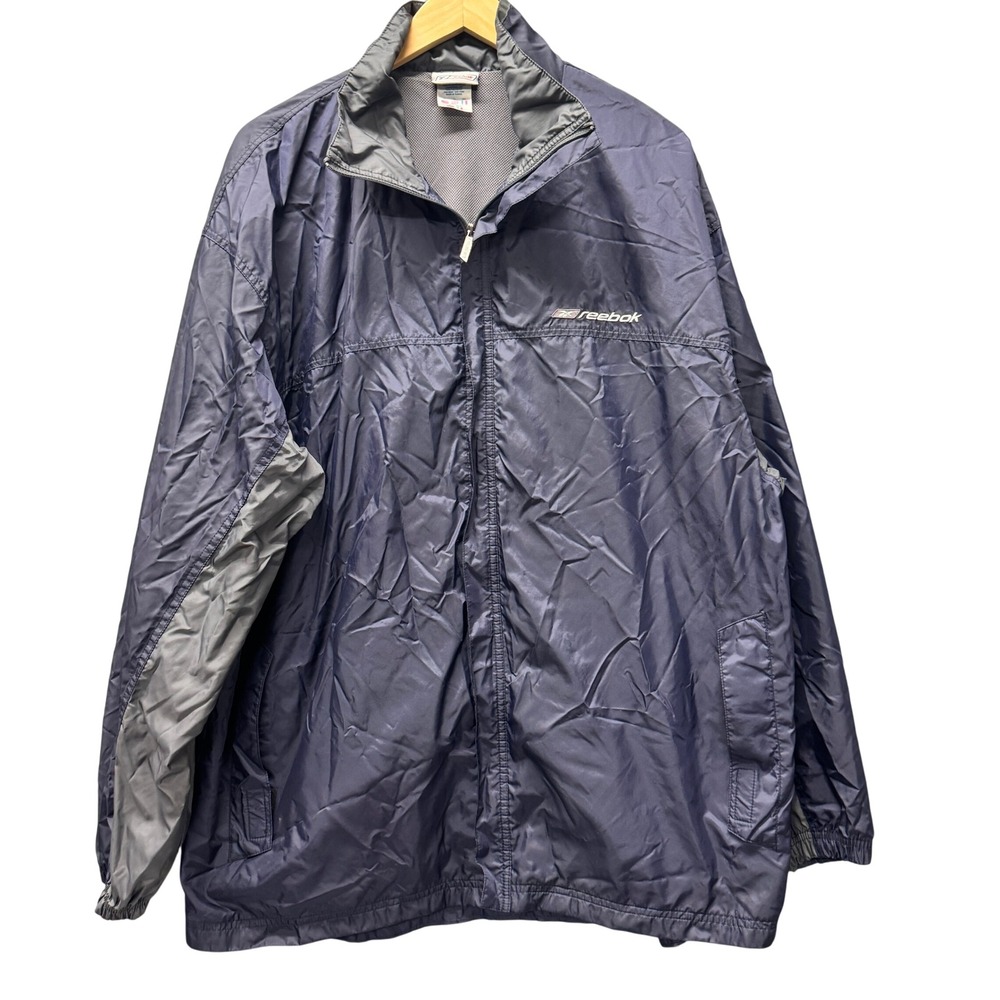 Reebok Windbreaker Jacket Mens XL Navy Blue Grey Full Zip Mesh Lined Vintage